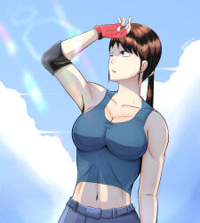 Rule 34 | 1girl, arm at side, arm up, armpits, blue sky, blue tank top, breasts, brown eyes, brown hair, butterjar, cleavage, cloud, cloudy sky, collarbone, commentary, day, elbow pads, english commentary, fingerless gloves, frown, gloves, hand to forehead, highres, large breasts, looking afar, midriff, navel, one eye closed, original, outdoors, parted lips, ponytail, shading eyes, signature, sky, solo, sun glare, sunlight, sweat, tank top, toned, upper body