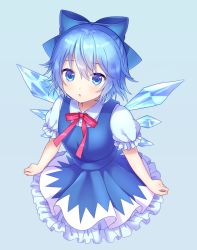 Rule 34 | 1girl, :o, bare arms, blue background, blue bow, blue eyes, blue hair, blue skirt, bow, cirno, hair between eyes, highres, ice, ice wings, looking at viewer, neck ribbon, puffy short sleeves, puffy sleeves, red ribbon, ribbon, short hair, short sleeves, simple background, skirt, skirt set, solo, touhou, wings, yamayu