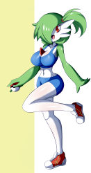 Rule 34 | 1girl, absurdres, bare shoulders, bike shorts, breasts, cleavage, clothed pokemon, collarbone, colored skin, cosplay, creatures (company), female focus, full body, game freak, gardevoir, gen 3 pokemon, green hair, green skin, hair over one eye, hair tie, happy, highres, holding, holding poke ball, large breasts, leg up, looking at viewer, lucyfer, midriff, misty (pokemon), misty (pokemon) (cosplay), multicolored skin, navel, nintendo, open mouth, poke ball, poke ball (basic), pokemon, pokemon (anime), pokemon (classic anime), red eyes, red footwear, shiny skin, shoes, short hair, side ponytail, simple background, smile, solo, sports bra, standing, standing on one leg, two-tone background, two-tone skin, white skin