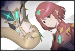 Rule 34 | 2girls, blonde hair, chest jewel, closed eyes, earrings, furo atsushi, highres, jewelry, lips, long hair, multiple girls, mythra (xenoblade), pyra (xenoblade), red eyes, red hair, short hair, tiara, xenoblade chronicles (series), xenoblade chronicles 2