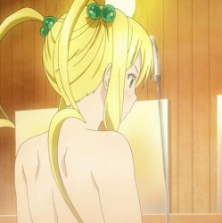Rule 34 | 1girl, animated, animated gif, ass, back, bathroom, blonde hair, completely nude, cropped, hair bobbles, hair ornament, hand on own hip, himegami kodama, hip focus, huge ass, long hair, maken-ki!, nude, solo, standing, takami akio, thighs, twintails, wet, wide hips