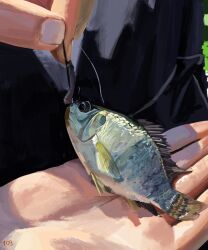 Rule 34 | 2others, absurdres, animal, danlamdae, day, fish, fishing hook, fishing line, highres, holding, holding animal, holding fish, multiple others, original, outdoors