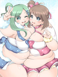 Rule 34 | 2girls, belly, blush, breast press, breasts, brown hair, cleavage, creatures (company), fat, game freak, green eyes, highres, kurokaze no sora, large breasts, lisia (pokemon), looking at viewer, may (pokemon), multiple girls, nintendo, one eye closed, open mouth, pokemon, smile, symmetrical docking, thick arms, thick thighs, thighs
