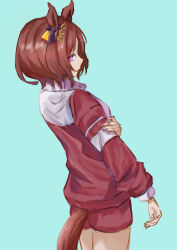 Rule 34 | 1girl, animal ears, blue background, brown hair, e nnihql, from side, gym uniform, highres, horse ears, horse girl, horse tail, jacket, looking at viewer, looking to the side, no tail, pink eyes, red jacket, red shorts, red track suit, revision, sakura laurel (umamusume), short hair, shorts, simple background, solo, tail, tracen training uniform, umamusume