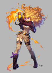 Rule 34 | 1girl, asymmetrical pants, bandana, blonde hair, boots, breasts, cleavage, ein lee, fire, flame print, full body, fur trim, garter straps, gauntlets, grey background, highres, jacket, large breasts, long hair, looking at viewer, official art, open clothes, open jacket, portrait, purple bandana, purple eyes, rwby, simple background, smile, solo, teeth, wavy hair, yang xiao long, zipper, zipper pull tab