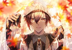 Rule 34 | 1boy, black gloves, black hair, blurry, blurry background, blurry foreground, brown hair, collar, collared shirt, earrings, falling leaves, formal, gem, genshin impact, gloves, hair between eyes, jacket, jewelry, leaf, long hair, long sleeves, looking at viewer, male focus, multicolored hair, open mouth, resolution mismatch, shirt, short hair, single earring, solo, source smaller, suit, urashima (hidoro mgmg), veil, veil lift, yellow eyes, zhongli (genshin impact)