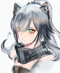 Rule 34 | 1girl, animal ears, arknights, black scarf, cat ears, commentary, grey background, grey hair, hair over one eye, je pep, long hair, scarf, schwarz (arknights), simple background, solo, upper body, yellow eyes