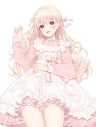 Rule 34 | 1girl, :d, a20 (atsumaru), apron, bow, commission, dress, flower, frilled apron, frills, hair between eyes, hair bow, hand up, highres, light brown hair, long hair, long sleeves, looking at viewer, lying, on back, open mouth, original, pink bow, pink dress, red eyes, rose, simple background, smile, solo, striped, striped bow, very long hair, wavy hair, white apron, white background, yellow flower, yellow rose
