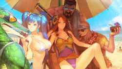 Rule 34 | 4boys, 4girls, :o, annoyed, bag, bald, bare shoulders, beach, beach umbrella, beard, bendy straw, bikini, blue eyes, blue hair, breasts, brown eyes, brown hair, casual one-piece swimsuit, chair, cleavage, cocktail umbrella, coconut, dark-skinned male, dark skin, drinking straw, ezreal, facial hair, flower, flower necklace, folding fan, fruit cup, furry, furry male, goatee, goggles, graves, graves (league of legends), hair flower, hair ornament, hand fan, hawaiian shirt, headphones, highres, holding, holding fan, instant ip, jewelry, knee up, large breasts, league of legends, lee sin, lei, leona (league of legends), lizardman, long hair, looking at another, lounge chair, multicolored clothes, multiple boys, multiple girls, mustache, navel, necklace, nidalee, ocean, one-piece swimsuit, orianna (league of legends), outdoors, parted lips, pool party graves, pool party lee sin, pool party leona, pool party renekton, puckered lips, renekton, sarong, shade, shirt, short sleeves, shoulder bag, sitting, smile, sona (league of legends), strap gap, string bikini, sunflower, sunglasses, sunlight, swimsuit, taric, twintails, umbrella, visor cap, water gun, when you see it, white bikini