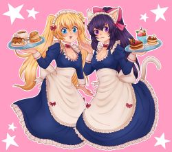 Rule 34 | 2girls, :3, :p, animal ears, blonde hair, blue eyes, blue hair, bow, breasts, cat ears, cat girl, cat tail, commentary, commission, english commentary, food, hair bow, highres, holding, holding tray, lizlett l. chelsie, long hair, looking at viewer, maid, maid headdress, medium breasts, multiple girls, nanonator3, noihara himari, omamori himari, pink background, pink bow, ponytail, purple eyes, smile, star (symbol), tail, tongue, tongue out, tray, twintails, very long hair, waitress