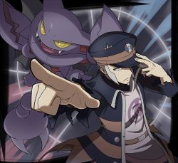Rule 34 | 1boy, arm up, belt, belt buckle, black coat, black headwear, brown belt, buckle, buttons, coat, commentary request, creatures (company), game freak, gen 4 pokemon, gliscor, grey eyes, grey hair, hand on headwear, hat, high collar, highres, ingo (pokemon), jacket, long sideburns, male focus, nintendo, open clothes, open coat, peaked cap, pearl clan outfit, pointing, pokemon, pokemon (creature), pokemon legends: arceus, purple jacket, saon101, short hair, sideburns, torn clothes, torn coat, trench coat