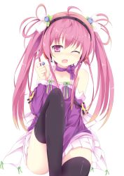 Rule 34 | 1girl, bad id, bad pixiv id, bare shoulders, bead, black thighhighs, blueberry, blush, choker, detached sleeves, fang, food, fruit, hair ornament, hairband, highres, holding, legs folded, long hair, nibiiro shizuka, one eye closed, open mouth, original, purple eyes, purple hair, ribbon, ribbon choker, simple background, skirt, solo, tears, thighhighs, twintails, white background, wink