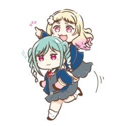 2girls :3 :d ankle_socks aqua_hair blonde_hair blue_jacket braid brown_footwear carrying closed_mouth collared_shirt commentary_request deformed dress dress_shirt flower full_body gradient_hair grey_dress hair_flower hair_ornament jacket leg_up long_sleeves love_live! love_live!_superstar!! low_twin_braids medium_hair multicolored_hair multiple_girls neck_ribbon notice_lines onitsuka_natsumi onitsuka_tomari open_clothes open_jacket open_mouth piggyback pink_eyes pink_hair pink_socks red_ribbon ribbon running school_uniform shirt shoes short_dress siblings sidelocks simple_background sisters smile socks sparkle twin_braids v-shaped_eyebrows white_background white_flower white_shirt white_socks winter_uniform yuigaoka_school_uniform zyagazyaga117