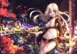 Rule 34 | 1girl, artist name, blonde hair, blue flower, blue rose, breasts, building, city, city lights, cityscape, cleavage, closed mouth, collarbone, cowboy shot, crop top, drawstring, floating hair, flower, groin, hair between eyes, hood, hood down, hooded jacket, jacket, kyjsogom, legs together, long hair, long sleeves, looking at viewer, medium breasts, midriff, navel, night, night sky, original, petals, red eyes, rose, scenery, shirt, short shorts, shorts, sky, skyscraper, solo, star (sky), starry sky, stomach, striped clothes, striped shirt, tree, watermark, web address, wind