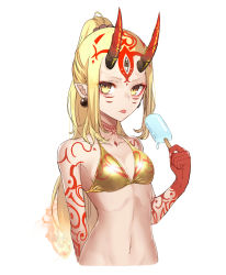 Rule 34 | 1girl, arm tattoo, bad id, bad pixiv id, bare shoulders, bikini, blonde hair, breasts, brown eyes, closed mouth, collarbone, earrings, facial mark, fate/grand order, fate (series), food, forehead mark, high ponytail, highres, holding, holding food, horns, ibaraki douji (fate), jewelry, long hair, looking at viewer, navel, oni, oni horns, pointy ears, ponytail, popsicle, shoulder tattoo, sidelocks, simple background, small breasts, solo, swimsuit, tattoo, tongue, tongue out, twitter username, upper body, very long hair, white background, yellow bikini, yukihama