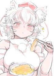 Rule 34 | 1girl, animal ear fluff, animal ears, bare shoulders, bowl, chopsticks, hat, highres, holding, holding bowl, holding chopsticks, inubashiri momiji, looking at viewer, open mouth, red eyes, rice, shirt, short hair, simple background, solo, tokin hat, touhou, upper body, white background, white shirt, white sleeves, wolf ears, wolf girl, yoyoiro (sysi20)