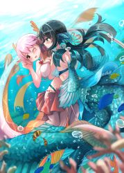 Rule 34 | 159cm, 2girls, :d, air bubble, bikini, black hair, blue eyes, blurry, blurry foreground, blush, bow, breasts, bubble, closed mouth, depth of field, fins, hair ribbon, head fins, highres, hip vent, large breasts, mermaid, monster girl, multiple girls, no hands, open mouth, original, pink hair, pleated skirt, red bow, red eyes, red skirt, ribbon, skirt, smile, swimsuit, underwater, white bikini, yellow ribbon