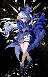 Rule 34 | 1girl, ahoge, artist name, ascot, black footwear, black gloves, blue ascot, blue bow, blue brooch, blue eyes, blue hair, blue hat, blue jacket, bow, bowing, chromatic aberration, closed mouth, full body, furina (genshin impact), genshin impact, gloves, hair between eyes, hair over one eye, hat, highres, jacket, light blue hair, long hair, looking at viewer, multicolored hair, ryrmcher, serious, shorts, sidelocks, socks, solo, standing, streaked hair, top hat, two-tone hair, white gloves, white hair, white shorts, white socks