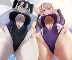 Rule 34 | 2girls, alternate costume, arms up, bare shoulders, blonde hair, blue eyes, blush, braid, breasts, center opening, commentary request, competition swimsuit, contemporary, elbow gloves, fate/grand order, fate (series), from below, gloves, gluteal fold, headpiece, highleg, highres, hip focus, jeanne d&#039;arc (fate), jeanne d&#039;arc (ruler) (fate), jeanne d&#039;arc alter (avenger) (fate), jeanne d&#039;arc alter (fate), large breasts, long hair, looking at viewer, looking down, multiple girls, navel, one-piece swimsuit, pale skin, parasol, parted lips, short hair, silver hair, smile, sunlight, swimsuit, thighs, umbrella, underboob, untue, yellow eyes