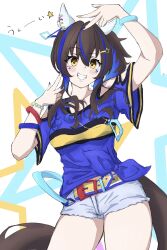 Rule 34 | 1girl, :d, animal ears, bare shoulders, belt, blue footwear, blue hair, boots, breasts, brown eyes, brown hair, commentary request, daitaku helios (umamusume), denim, denim shorts, double w, ear covers, facial tattoo, grin, hair between eyes, hair ornament, hairclip, hand up, highres, horse ears, horse girl, horse tail, ikke ikkekke, jewelry, long hair, medium breasts, midriff peek, multicolored hair, necklace, open mouth, ponytail, shirt, shoes, short shorts, short sleeves, shorts, simple background, smile, solo, standing, streaked hair, tail, tattoo, tied shirt, two-tone hair, umamusume, w, white background, yellow eyes