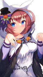 Rule 34 | 1girl, ahoge, animal ears, black hat, blue eyes, blush, breasts, brown hair, chain, closed mouth, commentary request, fake animal ears, hair between eyes, halloween, hands up, hat, highres, hood, hood up, horse ears, long sleeves, looking at viewer, medium breasts, mihono bourbon (ghosty and the magic of halloween) (umamusume), mihono bourbon (umamusume), mini hat, mini top hat, official alternate costume, school uniform, simple background, solo, tilted headwear, top hat, torn clothes, tracen school uniform, umamusume, white background, wide sleeves, ymd (holudoun)
