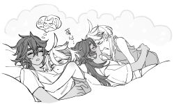 2girls absurdres animalization blush closed_eyes commentary cuddling dreaming greyscale gundam gundam_suisei_no_majo hand_on_another&#039;s_waist highres kiss long_hair miorine_rembran monochrome multiple_girls myong8_0 on_bed parted_lips shirt short_sleeves sleeping suletta_mercury sweatdrop symbol-only_commentary thick_eyebrows thought_bubble under_covers yuri