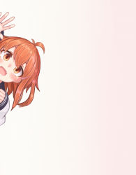 Rule 34 | &gt;:d, 1girl, :d, antenna hair, around corner, bad id, bad pixiv id, blush, commentary request, fang, hair ornament, hairclip, highres, ikazuchi (kancolle), kantai collection, long sleeves, looking at viewer, open mouth, orange eyes, orange hair, peeking out, reitou mikan, smile, solo, v-shaped eyebrows