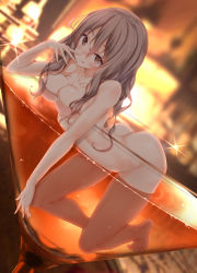Rule 34 | 1girl, absurdres, alcohol, ass, bad id, bad nicoseiga id, blush, breasts, brown eyes, closed mouth, cocktail glass, completely nude, cup, drinking glass, glasses, grey hair, hair between eyes, highres, kantai collection, looking at viewer, medium breasts, nude, numpopo, oversized object, pola (kancolle), solo, wavy hair