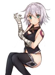 Rule 34 | 1girl, ahoge, bandages, bare shoulders, black thighhighs, blue eyes, blush, closed mouth, commentary, english commentary, fate/apocrypha, fate (series), feet out of frame, invisible chair, jack the ripper (fate/apocrypha), knees together feet apart, looking at viewer, mochii, scar, scar across eye, scar on face, signature, silver hair, simple background, sitting, solo, thighhighs, v-shaped eyebrows, white background
