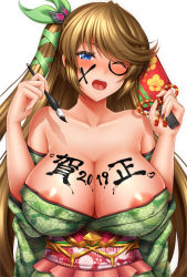 Rule 34 | 1girl, 2019, areola slip, bad id, bad pixiv id, bare shoulders, blue eyes, blush, breasts, brown hair, calligraphy brush, character request, cleavage, collarbone, drawing on another&#039;s face, hagoita, hair ornament, hair ribbon, happy new year, highres, japanese clothes, kamihime project, kimono, large breasts, long hair, looking at viewer, new year, obi, off shoulder, one eye closed, one side up, open mouth, paddle, paintbrush, ribbon, sash, shiboru, sidelocks, solo, sweat, swept bangs, twitter username, upper body, wide sleeves, xo