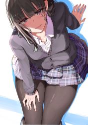 Rule 34 | 1girl, arm support, black cardigan, black hair, black pantyhose, black skirt, blunt bangs, cardigan, collared shirt, commentary request, hand on own thigh, highres, looking at viewer, nyoijizai, open mouth, original, pantyhose, plaid, plaid skirt, pleated skirt, purple eyes, school uniform, shirt, sidelocks, simple background, sitting, skirt, smile, solo, uniform, white shirt