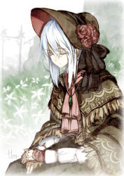 Rule 34 | 1girl, ascot, bloodborne, bonnet, capelet, closed eyes, female focus, gloves, hong (white spider), jewelry, long hair, necklace, plain doll, silver hair, skirt, sleeping, sleeping upright, solo