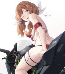 Rule 34 | 1girl, ;d, alternate costume, arm behind back, armband, back, bare shoulders, bikini, blue eyes, breasts, brown hair, butt crack, dimples of venus, from behind, girls&#039; frontline, hair ribbon, halterneck, head tilt, highres, howa type 89 (girls&#039; frontline), keenh, kneepits, large breasts, long hair, looking at viewer, looking back, low twintails, motor vehicle, motorcycle, one eye closed, open mouth, red bikini, ribbon, simple background, sitting, skindentation, smile, solo, string bikini, swimsuit, thigh strap, thighs, twintails, white background