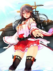 Rule 34 | 10s, 1girl, :d, black hair, black thighhighs, blue sky, blush, breasts, brown eyes, cloud, cloudy sky, collarbone, commentary, day, detached sleeves, hair between eyes, hair ornament, hairband, hairclip, haruna (kancolle), headgear, heart lock (kantai collection), highres, jewelry, kantai collection, large breasts, looking at viewer, nontraditional miko, open mouth, outdoors, outstretched arm, pleated skirt, red skirt, ribbon-trimmed sleeves, ribbon trim, rigging, ring, sash, sideboob, skirt, sky, smile, solo, standing, thighhighs, thighs, tsukui kachou, wading