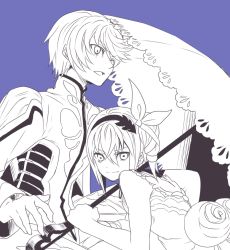 Rule 34 | 10s, 1boy, 1girl, bare shoulders, cape, dress, edna (tales), hair ornament, hairband, jacket, mikleo (tales), monochrome, open mouth, pants, short hair, side ponytail, smile, tales of (series), tales of zestiria, umbrella