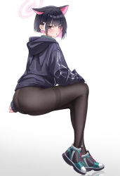 Rule 34 | 1girl, absurdres, animal ears, ass, black hair, black jacket, black pantyhose, blue archive, blush, cat ears, colored inner hair, full body, hair ornament, hairclip, halo, highres, hood, hood down, hooded jacket, invisible chair, jacket, kazusa (blue archive), long sleeves, looking at viewer, mentha, multicolored hair, open mouth, pantyhose, pink hair, red eyes, shoes, sitting, sneakers, solo, white background