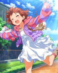 Rule 34 | 1girl, :3, artist request, backpack, bag, blue sky, blush, boots, building, closed eyes, cloud, day, dress, grass, hood, hoodie, idolmaster, idolmaster million live!, idolmaster million live! theater days, jewelry, necklace, nonohara akane, official art, open mouth, outdoors, outstretched arms, red hair, running, short hair, sky, smile, solo, spread arms, sunlight, tree, white dress