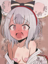 Rule 34 | 1girl, @ @, absurdres, animal ears, bare shoulders, blush, breasts, collarbone, covered erect nipples, fake animal ears, full-face blush, granblue fantasy, hair ornament, hairclip, heart pasties, highres, looking at penis, mame rakko, mouse ears, off shoulder, open clothes, open mouth, open shirt, pasties, penis awe, penis shadow, shadow, shirt, short hair, small breasts, solo, sweat, trembling, vikala (granblue fantasy), white shirt