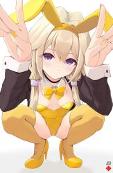 Rule 34 | 1girl, alternate costume, black jacket, blonde hair, blush, bow, bowtie, breasts, closed mouth, dated, detached collar, full body, hair between eyes, hair tubes, high heels, highres, ieiri popo, jacket, leotard, looking at viewer, medium bangs, multicolored hair, nanashi inc., playboy bunny, purple eyes, rabbit pose, short hair with long locks, shrug (clothing), sidelocks, simple background, small breasts, solo, squatting, streaked hair, temari rin, thighhighs, virtual youtuber, white background, yellow bow, yellow bowtie, yellow footwear, yellow thighhighs