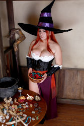 Rule 34 | 1girl, asian, bowl, breasts, chouzuki maryou, cosplay, dragon&#039;s crown, hat, highres, hip focus, large breasts, photo (medium), plump, red hair, solo, witch, sorceress (dragon&#039;s crown), sorceress (dragon&#039;s crown) (cosplay), staff, table, thick thighs, thighs, wide hips, witch hat