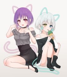 Rule 34 | 2girls, bang dream!, bang dream! it&#039;s mygo!!!!!, black footwear, black shirt, black skirt, blue eyes, boots, commentary request, drawn ears, drawn tail, drawn whiskers, food, full body, grey background, grey shirt, heterochromia, high heels, highres, holding, holding food, holding ice cream, ice cream, ice cream cone, kaname raana, looking at viewer, medium hair, multiple girls, off-shoulder shirt, off shoulder, open mouth, pencil skirt, pink eyes, purple hair, shirt, shirt tucked in, short hair, simple background, sitting, skirt, smile, tongue, tongue out, white hair, yellow eyes, yuutenji nyamu, zizoumiao