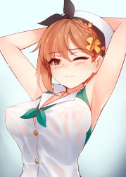 Rule 34 | 1girl, armpits, arms behind head, atelier (series), atelier ryza, atelier ryza 2, beret, blush, breasts, brown eyes, brown hair, button gap, closed mouth, commentary, green neckwear, hair ornament, hat, highres, medium breasts, nipples, no bra, one eye closed, reisalin stout, ricegnat, see-through, shirt, short hair, sleeveless, sleeveless shirt, solo, symbol-only commentary, wet, wet clothes, white hat, white shirt