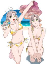 Rule 34 | 1girl, antenna hair, beach, bikini, blue sky, breasts, cleavage, collarbone, commentary, commentary request, day, green eyes, grey hair, highres, kantai collection, kinugasa (kancolle), large breasts, long hair, looking at viewer, multiple views, navel, ocean, ojipon, sand, short twintails, sky, smile, squatting, stomach, swimsuit, twintails