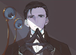 Rule 34 | 1boy, absurdres, azisaiharumaki56, black bow, black bowtie, black gloves, black hair, black jacket, bow, bowtie, collared shirt, fate/grand order, fate (series), formal, gloves, grey background, highres, im 0, jacket, long sleeves, looking at viewer, male focus, neckwear request, sherlock holmes (fate), shirt, short hair, simple background, solo, suit, upper body, white shirt