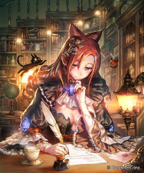 Rule 34 | 10s, 1girl, blush, book, bookshelf, breasts, brown hair, cat, ceres (shingeki no bahamut), cleavage, closed mouth, colored sclera, company name, cup, drill hair, flower, globe, hair flower, hair ornament, heart, highres, holding, indoors, inkwell, letter, long hair, love letter, mouse (animal), nail polish, nose blush, official art, okada manabi, pumpkin, purple eyes, purple flower, purple rose, quill, railing, red nails, rose, saucer, scar, scar on face, shingeki no bahamut, smile, sparkle, teacup, watermark, yellow sclera, | |