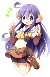 Rule 34 | 1girl, :d, animal ears, blue eyes, blush, brown footwear, brown shirt, brown shorts, brown skirt, cat ears, commentary request, crop top, doridori, full body, hair between eyes, hairband, hunter (ragnarok online), jacket, jumping, long hair, long sleeves, looking at viewer, midriff, miniskirt, navel, notice lines, open mouth, purple hair, ragnarok online, shirt, shoes, short shorts, shorts, shorts under skirt, simple background, skirt, smile, solo, white background, white jacket, yellow hairband