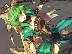 Rule 34 | &gt;:o, 1girl, :o, ahoge, animal ears, atalanta (fate), black thighhighs, blonde hair, breasts, cat ears, cat tail, cleavage, dress, dutch angle, fate/apocrypha, fate/grand order, fate (series), green eyes, green hair, long hair, looking at viewer, melon22, multicolored hair, puffy short sleeves, puffy sleeves, short sleeves, small breasts, solo, tail, thighhighs, two-tone hair, v-shaped eyebrows, very long hair