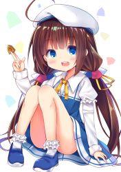 Rule 34 | 10s, 1girl, :d, ahoge, arm support, beret, between fingers, blue dress, blue eyes, blue footwear, blush, board game, bobby socks, brown hair, commentary request, dress, esureki, full body, hair ribbon, hat, highres, hinatsuru ai, holding, layered sleeves, long hair, long sleeves, looking at viewer, low twintails, open mouth, pigeon-toed, puffy short sleeves, puffy sleeves, ribbon, ryuuou no oshigoto!, school uniform, shoes, shogi, short over long sleeves, short sleeves, sitting, smile, socks, solo, teeth, twintails, upper teeth only, very long hair, white hat, white socks, yellow ribbon