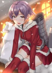 Rule 34 | 1girl, :d, antenna hair, arm support, bad id, bad twitter id, belt, blurry, blush, breasts, christmas, coat, collarbone, commentary request, depth of field, drawstring, fur-trimmed coat, fur-trimmed legwear, fur-trimmed sleeves, fur trim, kantai collection, long sleeves, looking at viewer, machinery, miniskirt, open mouth, outdoors, pallad, pleated skirt, purple hair, red coat, red skirt, red thighhighs, sack, sailor collar, sailor shirt, sakawa (kancolle), santa costume, shirt, short hair, sidelocks, sitting, skirt, small breasts, smile, smokestack, snowing, solo, tareme, thighhighs, yellow eyes, zettai ryouiki