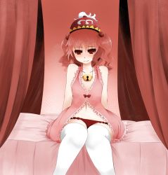 Rule 34 | 1girl, alternate costume, arano oki, babydoll, bare arms, bare shoulders, collarbone, curtains, forced smile, gradient background, hair bobbles, hair ornament, hat, highres, kawashiro mitori, knees together feet apart, legs together, lingerie, lock, midriff, navel, on bed, original, over-kneehighs, panties, red background, red eyes, red hair, red panties, short hair, sitting, solo, thighhighs, touhou, twintails, underwear, white thighhighs